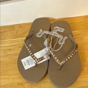 Stylish Tan Flip-Flops with Beaded Straps